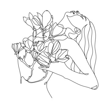 recommend clip art: Sketch of a sexy woman blooming. Flowers grow from female body line art. Surreal female illustration. Woman line drawing