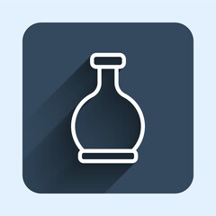 White line Bottle with potion icon isolated with long shadow background. Flask with magic potion. Happy Halloween party. Blue square button. Vector