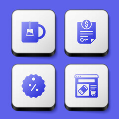 Set Cup of tea, Contract money, Discount percent tag and Online shopping screen icon. White square button. Vector