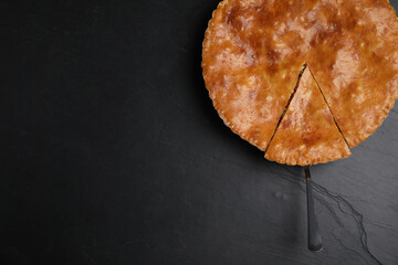 Delicious pie with meat on black table, top view. Space for text