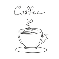Continuous one line drawing of  cup of coffee with steam and hand drawn lettering. Linear style. Vector illustration isolated on white background.