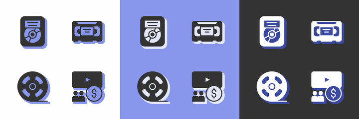 Set Cinema auditorium with screen, CD disk award frame, Film reel and VHS video cassette tape icon. Vector