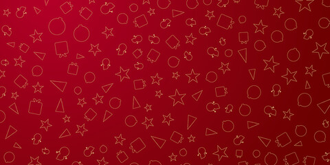 Simple and elegant christmas presentation design with golden lines on red background. Christmas winter pattern frame background with star, tree, gift, ball, and snowman.