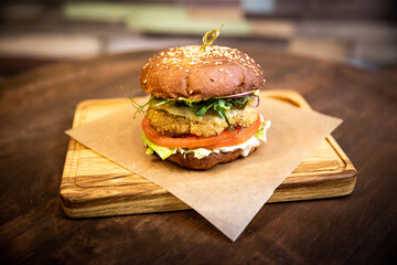 delicious mouth-watering vegan burger with cutlet