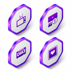 Set Isometric Retro tv, Cinema auditorium with screen, VHS video cassette tape and Like heart icon. Purple hexagon button. Vector