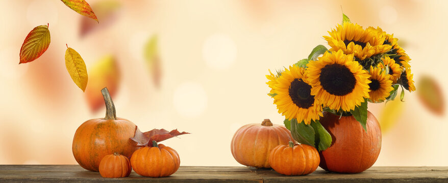 Thanksgiving pumpkins, autumn leaves and berries on wooden table. Autumn background with falling leaves.