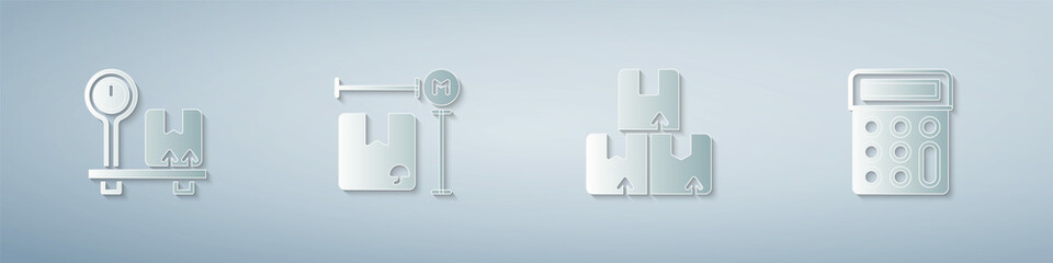 Set Scale with cardboard box, Cardboard measurement, Carton and Calculator. Paper art style. Vector