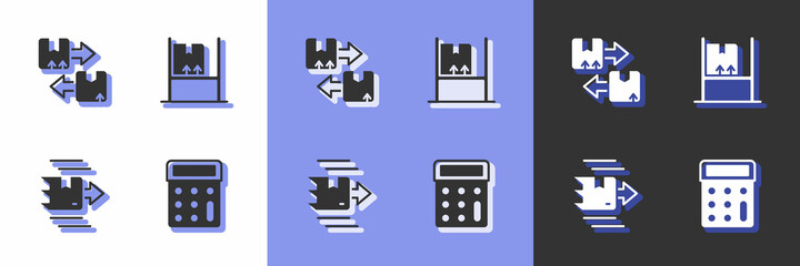 Set Calculator, Cardboard box with traffic symbol, Carton cardboard and Warehouse interior boxes icon. Vector