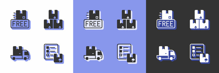 Set Verification of delivery list, Cardboard box with free symbol, Delivery cargo truck and Carton cardboard icon. Vector