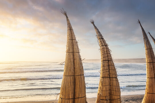 Traditional reed boats called Caballitos de totora - Huanchaco, Trujillo, Peru