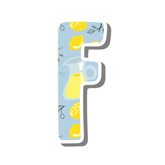 Cute alphabet 'F' with Lemonade Pattern on white silhouette and gray shadow. Lovely letter design for decoration. Vector Illustration about lettering.