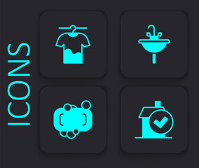 Set Home cleaning service, Drying clothes, Washbasin and Bar of soap icon. Black square button. Vector