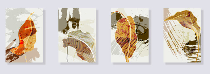 Trendy set of minimalist abstract leaves and abstract forms. Minimal botanical wall art. Mid century modern graphic. Plant art design for social media, blog post, print, cover, wallpaper. Vector