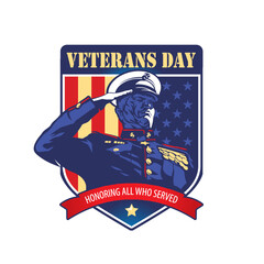 Old Soldier proudly saluting against USA Flag in shield. Veterans Day Illustration. saluting against USA Flag in shield. Veterans Day Illustration. Honorin all who served.