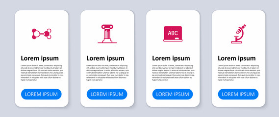 Set Microscope, Chalkboard, Law pillar and Molecule. Business infographic template. Vector
