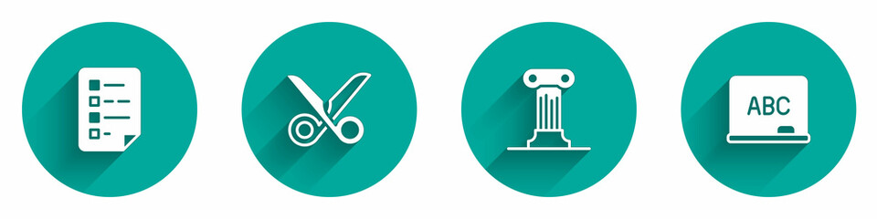 Set Clipboard with checklist, Scissors, Law pillar and Chalkboard icon with long shadow. Vector