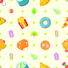 Seamless Pattern Abstract Elements Fast Food With Leaves Vector Design Style Background Illustration Texture For Prints Textiles, Clothing, Gift Wrap, Wallpaper, Pastel