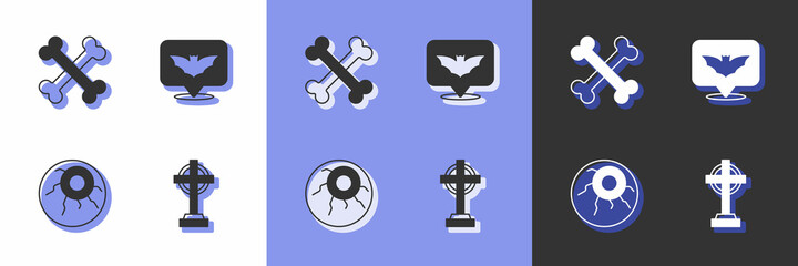 Set Tombstone with cross, Crossed bones, Eye and Flying bat icon. Vector