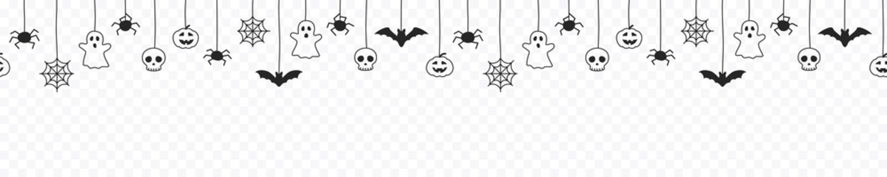 Happy Halloween seamless banner or border with black bats, spider web, ghost and pumpkins. Vector illustration party invitation isolated on transparent background
