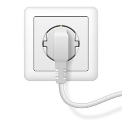 Realistic detailed white plug inserted into white electrical outlet. Vector illustration.