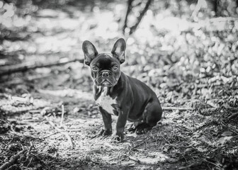 Eine französische Bulldogge im Grünen.