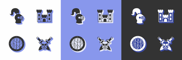 Set Skull with sword, Medieval helmet, Round wooden shield and Castle icon. Vector