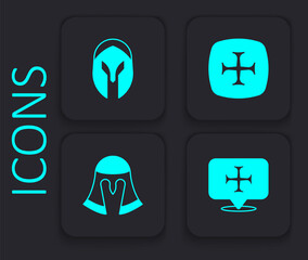 Set Crusade, Medieval helmet, and icon. Black square button. Vector