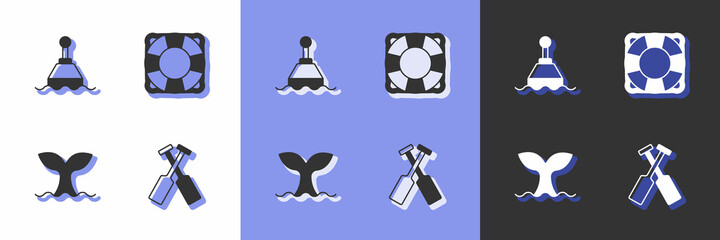 Set Crossed oars or paddles boat, Floating buoy, Whale tail and Lifebuoy icon. Vector