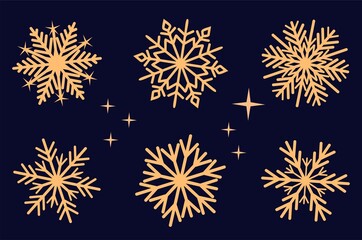 Set of gold snowflakes. Winter holiday decor elements for greeting card, print, banner. Linear snowflake icon set. Flat style vector illustration. Set of snowflakes in thin line style