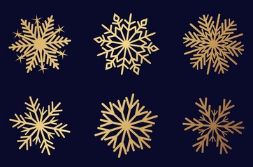 Set of gold snowflakes. Winter holiday decor elements for greeting card, print, banner. Linear snowflake icon set. Flat style vector illustration. Set of snowflakes in thin line style