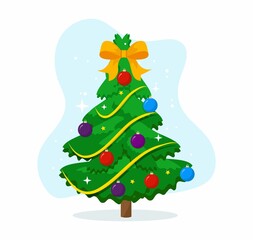 Cartoon christmas tree flat style vector illustration. Holiday pine tree with colorful bows, garland and stars decor. Merry Christmas or New Year greeting card. Christmas tree icon.