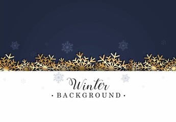 Winter background with golden snowflakes and navy blue bcakground. Elegant holiday design template for flyer, greeting card, invitation, party, banner, poster. Flat style Christmas vector illustration