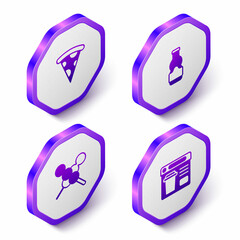 Set Isometric Slice of pizza, Sauce bottle, Meatballs on wooden stick and Online ordering food icon. Purple hexagon button. Vector