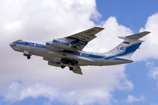 Luqa, Malta - October 12, 2021: Volga-Dnepr Airlines Ilyushin Il-76TD (REG: RA-76503) on take off to Cotonou, Benin in central Africa.