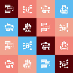 Set pop art Speech bubble chat, Cyber security, Futuristic weapon and Mechanical robot hand icon. Vector
