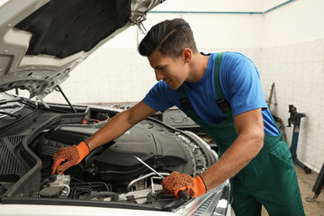 Professional mechanic fixing modern car at automobile repair shop