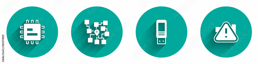 Poster set processor cpu, neural network, usb flash drive and exclamation mark in triangle icon with long s