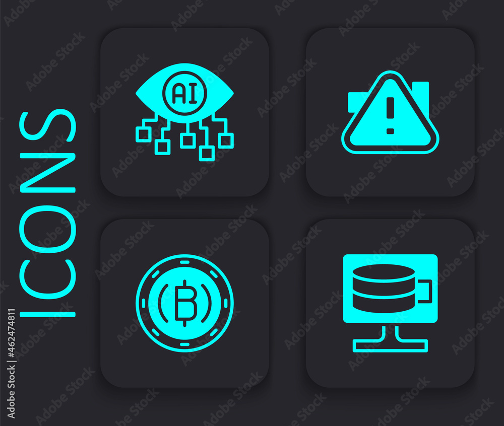 Poster set cloud database, computer vision, exclamation mark in triangle and cryptocurrency coin bitcoin ic