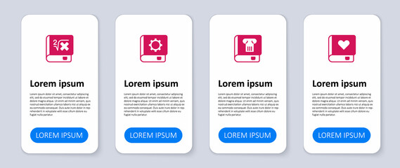 Set Romance book, History, User manual and Book with mathematics. Business infographic template. Vector