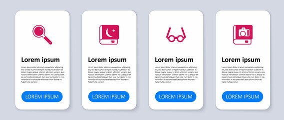 Set Photo album gallery, Glasses, Holy book of Koran and Magnifying glass. Business infographic template. Vector