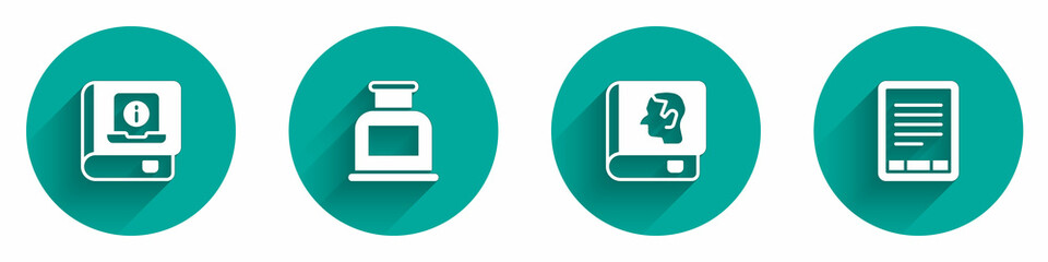 Set User manual, Inkwell, Law book and E-Book reader icon with long shadow. Vector