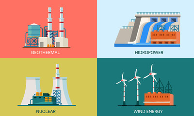 A collection of flat illustrations of geothermal, nuclear, hydropower and wind power plants. Suitable for design elements of web page backgrounds and eco-friendly renewable energy posters.