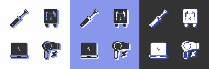 Set Hair dryer, Screwdriver, Laptop and Electrical panel icon. Vector