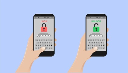 lock and unlocked smartphone vector illustration, flat style mobile phone with open lock in hand, concept of security, protection technology, authorization process