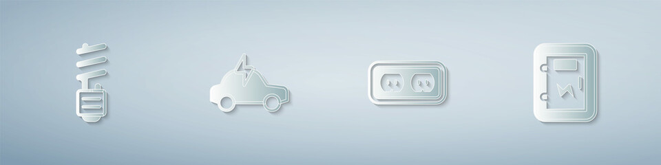 Set LED light bulb, Electric car, Electrical outlet and panel. Paper art style. Vector