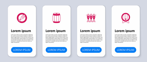 Set Wooden barrel on rack, Dried fish, and . Business infographic template. Vector