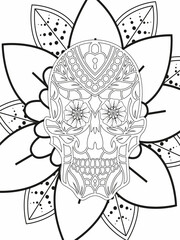 Sugar Skull flowers frame for Halloween or Day of the dead with flower elements. Hand drawn. Doodles art for greeting cards, invitation or poster. Coloring book for adult and kids.