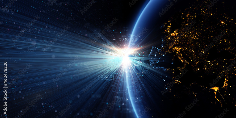 Poster Global International Connectivity Background/3d illustration. Connection lines Around Earth Globe, Motion of digital data flow. Futuristic Technology Theme Background with Light Effect