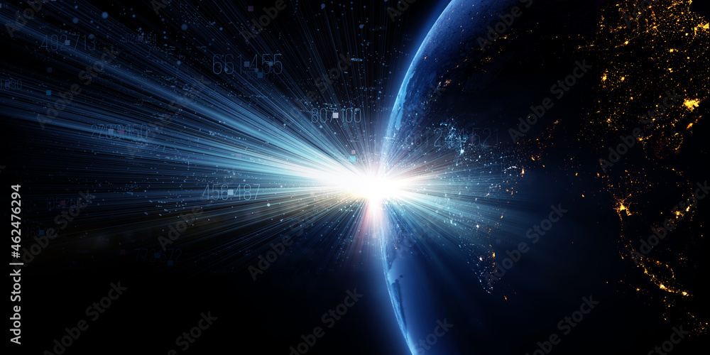 Poster Global International Connectivity Background/3d illustration. Connection lines Around Earth Globe, Motion of digital data flow. Futuristic Technology Theme Background with Light Effect