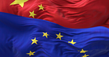 The flags of the European Union and China waving